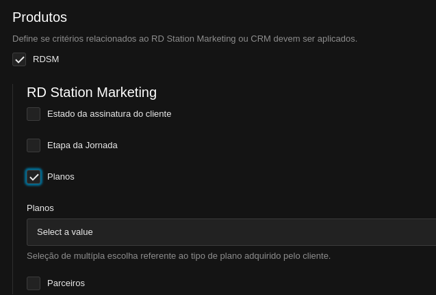 Configuração de planos