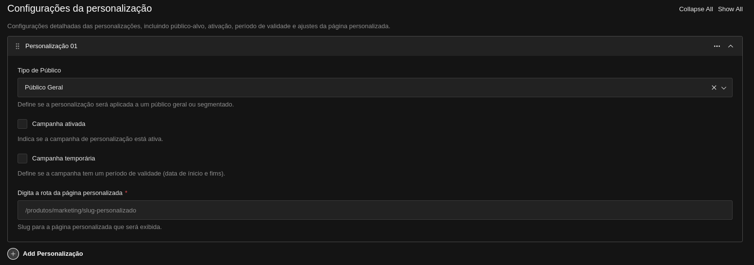 Configurações de personalizações